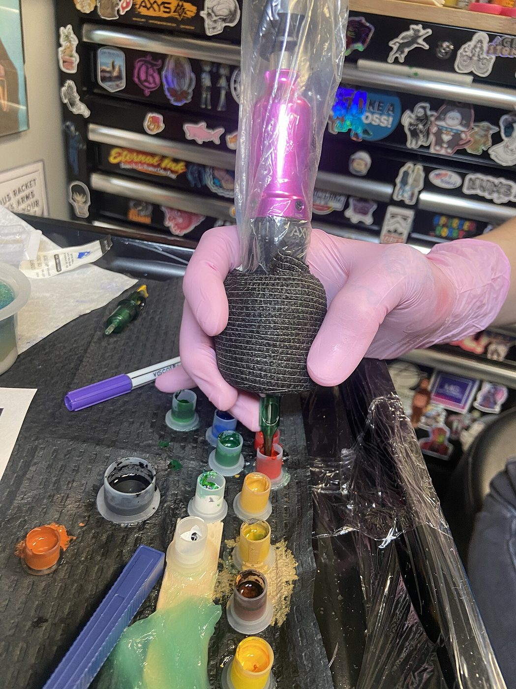 19-Loading rotary tattoo machine needle tip with ink Work done by tattoo artist Jenna Haas